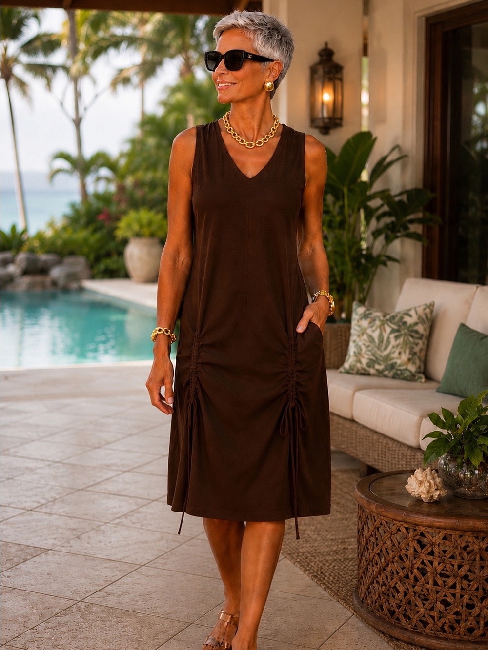 Neon Buddha Sleeveless Dress with Interesting Seam Details and Cinched Hem